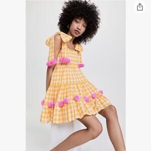 NWT Sundress Pippa Short Dress in Yellow Gingham & Pink Pom Pom Accents Size M/L